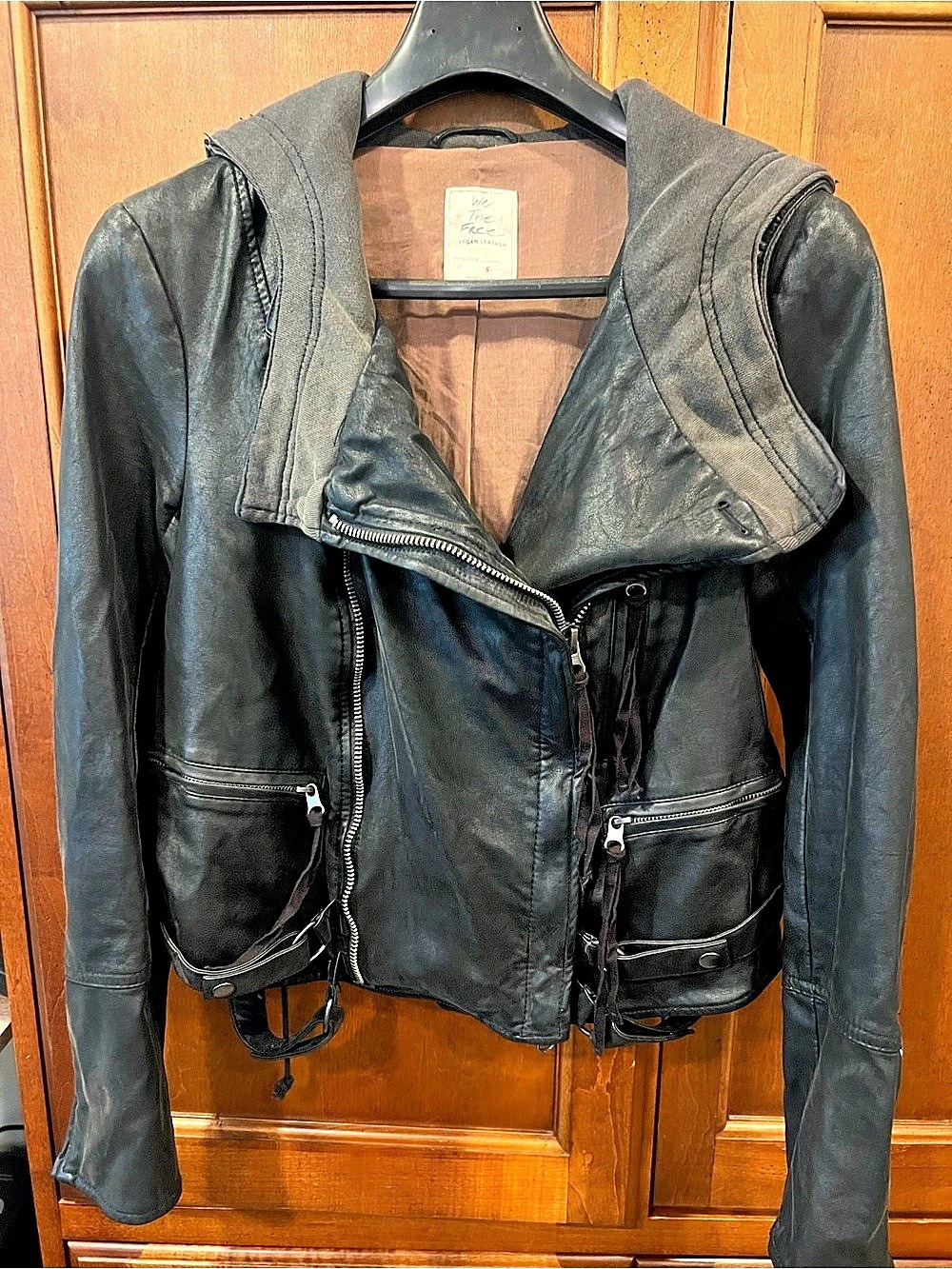 We The Free Vegan Leather Moto Jacket with Hoodie Black Small